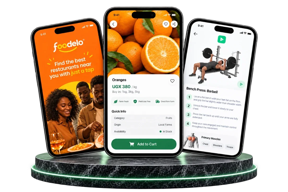 Three phones showing the Foodelo, Farmsell and FitHero apps on a display stand