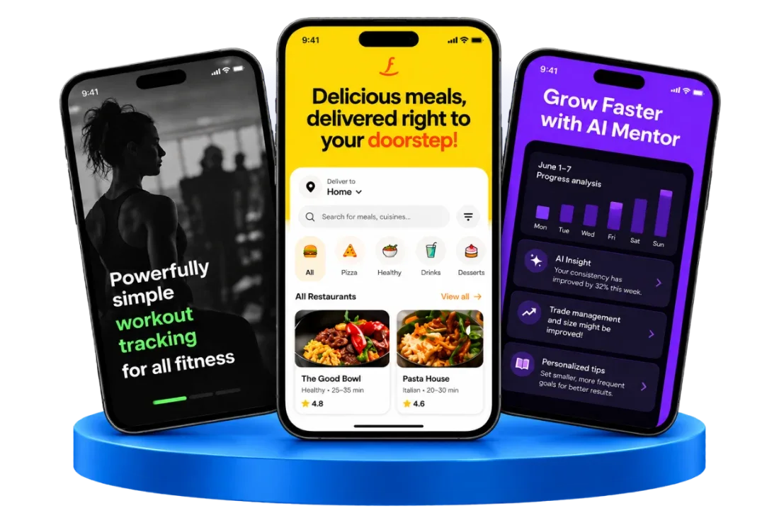 FitHero, Foodelo and Plancana AI app screens on three phones