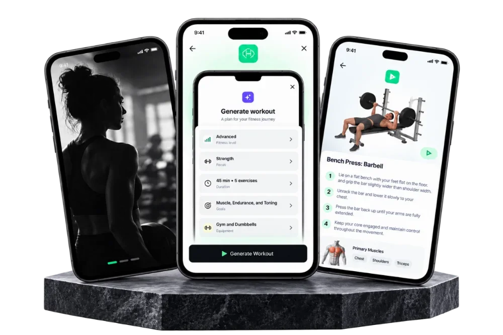 FitHero app screens showing onboarding, workout generator and exercise guide