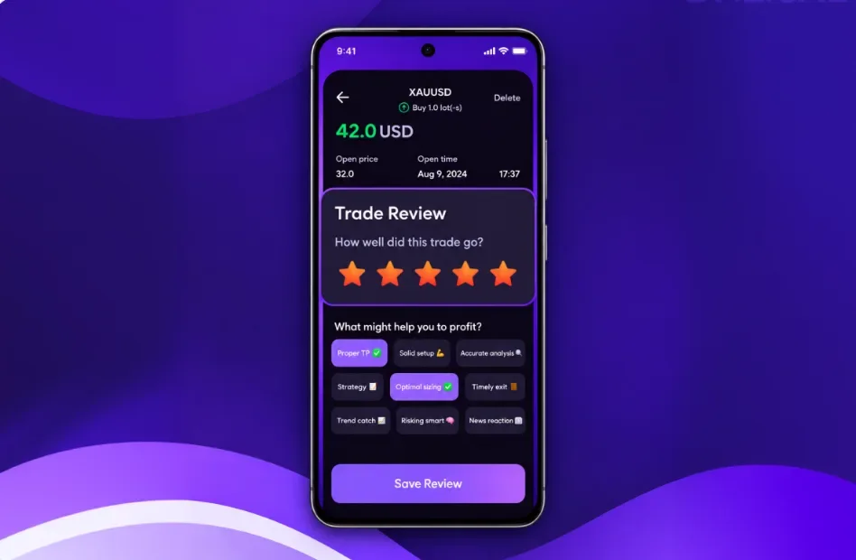 Plancana AI trade review screen with star rating and profit factors
