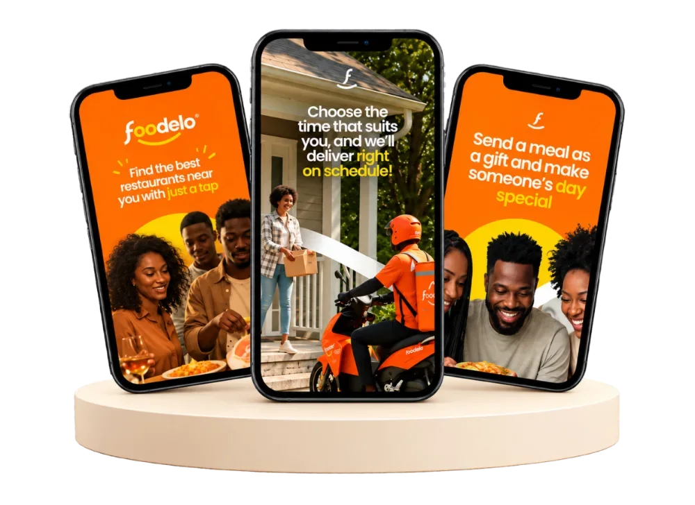 Foodelo app screens showing restaurant discovery, scheduled delivery and meal gifting