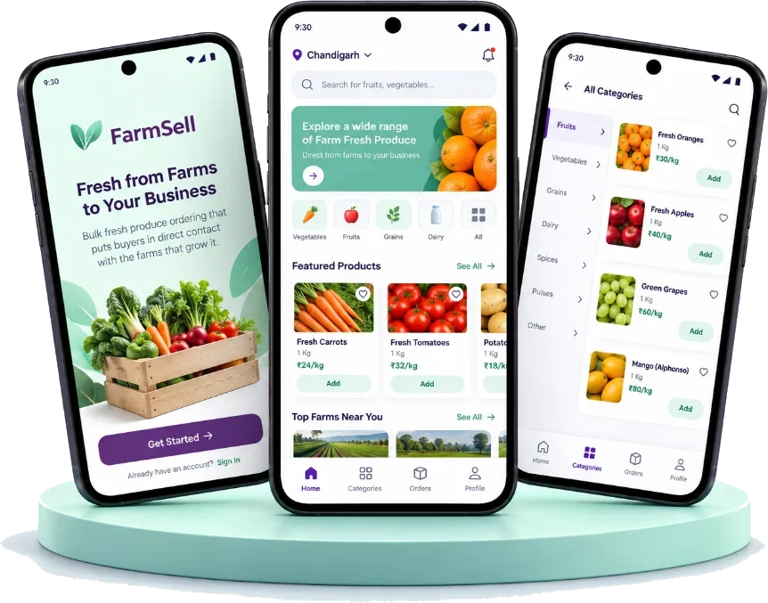 Farmsell app screens showing the welcome screen, featured produce and fruit categories
