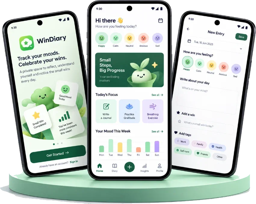 Win Diary app screens showing the welcome screen, mood check-in and a new journal entry